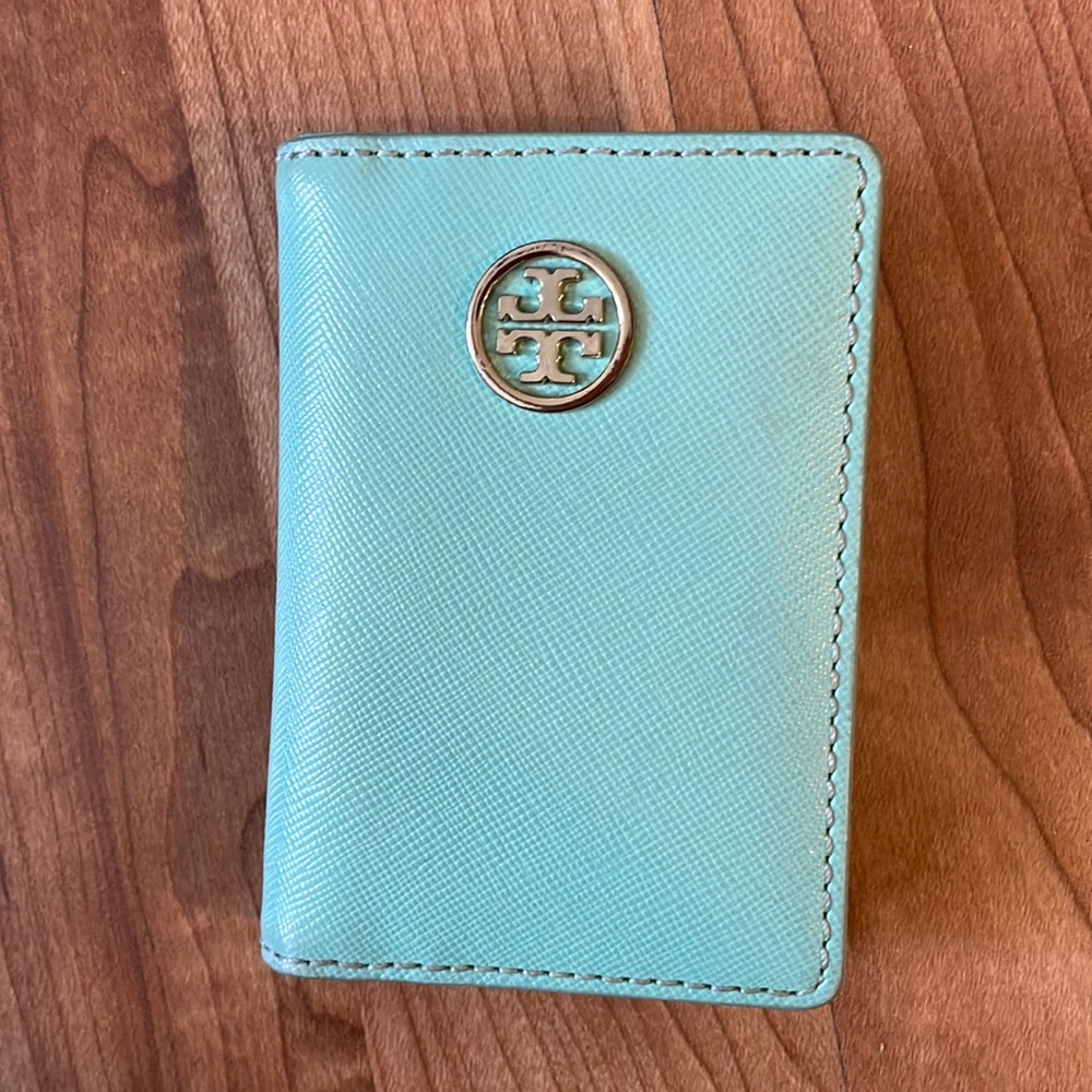 Tory Burch Light Blue Leather Card Wallet with Logo